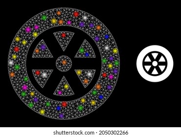 Flare mesh wheel constellation icon with light spots. Illuminated vector constellation based on wheel pictogram. Sparkle frame mesh wheel on a black background.