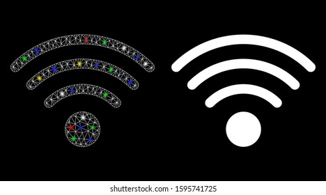 Flare mesh Wi-Fi source icon with sparkle effect. Abstract illuminated model of Wi-Fi source. Shiny wire carcass polygonal mesh Wi-Fi source icon. Vector abstraction on a black background.