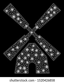 Flare mesh wind mill with glitter effect. Abstract illuminated model of wind mill icon. Shiny wire frame triangular mesh wind mill. Vector abstraction on a black background.