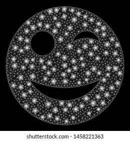 Flare mesh wink smiley with glitter effect. Abstract illuminated model of wink smiley icon. Shiny wire carcass polygonal mesh wink smiley. Vector abstraction on a black background.