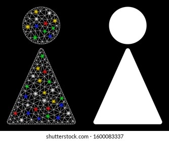 Flare mesh woman icon with glow effect. Abstract illuminated model of woman. Shiny wire frame polygonal mesh woman icon. Vector abstraction on a black background.