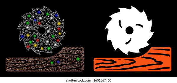 Flare mesh wood processing icon with sparkle effect. Abstract illuminated model of wood processing. Shiny wire carcass triangular mesh wood processing icon. Vector abstraction on a black background.