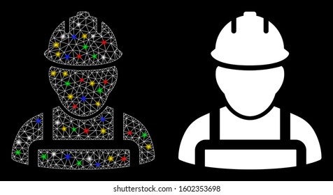 Flare mesh worker icon with sparkle effect. Abstract illuminated model of worker. Shiny wire carcass polygonal mesh worker icon. Vector abstraction on a black background.