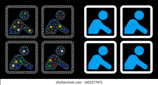 Flare mesh workers icon with sparkle effect. Abstract illuminated model of workers. Shiny wire frame polygonal mesh workers icon. Vector abstraction on a black background.