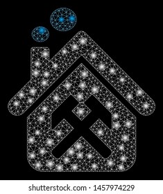 Flare mesh workshop with sparkle effect. Abstract illuminated model of workshop icon. Shiny wire carcass polygonal mesh workshop. Vector abstraction on a black background.