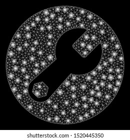 Flare mesh wrench with glare effect. Abstract illuminated model of wrench icon. Shiny wire carcass polygonal mesh wrench. Vector abstraction on a black background.