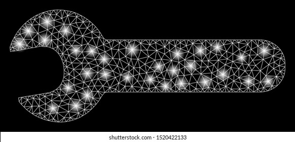 Flare mesh wrench with glow effect. Abstract illuminated model of wrench icon. Shiny wire carcass triangular mesh wrench. Vector abstraction on a black background.