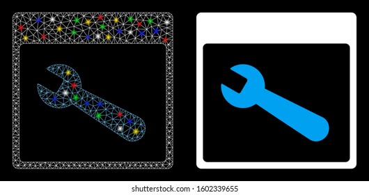 Flare mesh wrench tool calendar page icon with glitter effect. Abstract illuminated model of wrench tool calendar page. Shiny wire frame triangular mesh wrench tool calendar page icon.