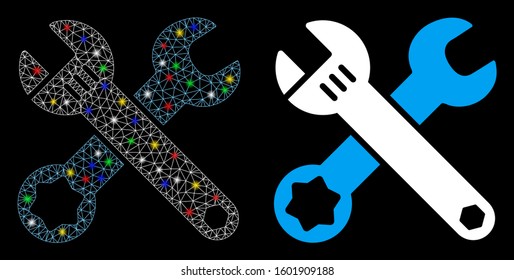 Flare mesh wrenches icon with glitter effect. Abstract illuminated model of wrenches. Shiny wire frame triangular mesh wrenches icon. Vector abstraction on a black background.