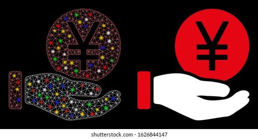 Flare mesh yen coin payment hand icon with lightspot effect. Abstract illuminated model of yen coin payment hand. Shiny wire carcass triangular mesh yen coin payment hand icon.