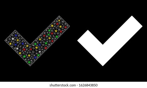 Flare mesh yes tick icon with lightspot effect. Abstract illuminated model of yes tick. Shiny wire carcass triangular mesh yes tick icon. Vector abstraction on a black background.