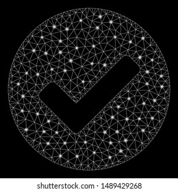 Flare mesh yes tick with lightspot effect. Abstract illuminated model of yes tick icon. Shiny wire carcass polygonal mesh yes tick. Vector abstraction on a black background.