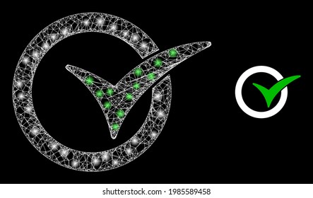 Flare mesh yes vote with lightspots. Linear carcass flat mesh generated from intersected white lines and yes vote icon. White mesh and sparkle carcass mesh yes vote on a black background.