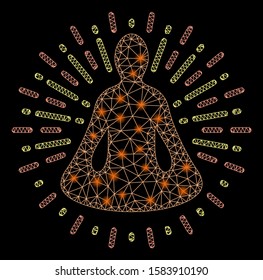 Flare mesh yoga meditation with sparkle effect. Abstract illuminated model of yoga meditation icon. Shiny wire frame polygonal mesh yoga meditation. Vector abstraction on a black background.