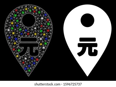 Flare mesh yuan map marker icon with glitter effect. Abstract illuminated model of yuan map marker. Shiny wire frame triangular mesh yuan map marker icon. Vector abstraction on a black background.