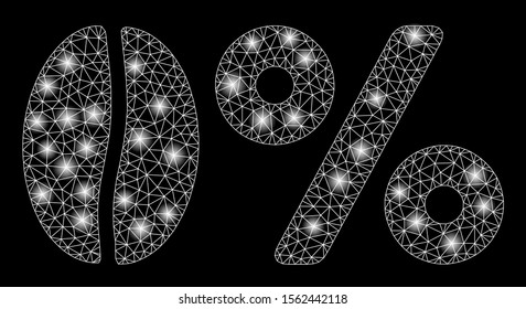 Flare mesh zero caffeine with sparkle effect. Abstract illuminated model of zero caffeine icon. Shiny wire carcass triangular network zero caffeine. Vector abstraction on a black background.