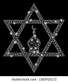 Flare mesh zion with glow effect. Abstract illuminated model of zion icon. Shiny wire frame triangular mesh zion. Vector abstraction on a black background.