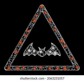 Flare net bat warning with lightspots. Vector carcass based on bat warning icon, and with crossed lines. Sparkle frame polygonal bat warning on a black background.