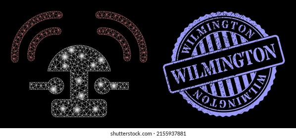 Flare net bell ring with light spots, and Wilmington blue round scratched stamp. Vector carcass created from bell ring icon. Constellation carcass polygonal bell ring.