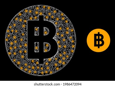 Flare net bitcoin coin with light spots. Linear carcass 2D mesh generated with intersected white lines and bitcoin coin icon.