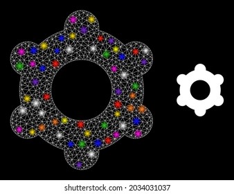 Flare net cogwheel glare icon with lightspots. Illuminated vector constellation based on cogwheel glyph. Sparkle frame mesh cogwheel on a black background. Linear frame 2D mesh in vector format.
