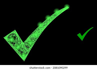 Flare net confirm tick with light spots on a black background. Illuminated vector structure is based on confirm tick icon, with linear mesh and light spots.