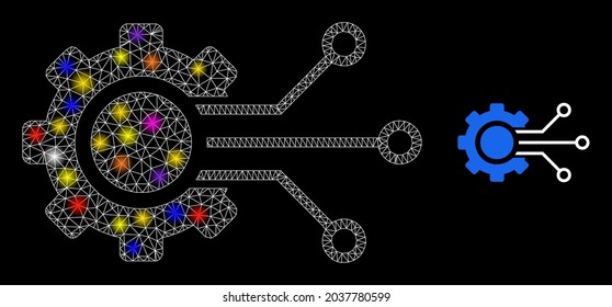 Flare net digital sensor cog constellation icon with light spots. Illuminated vector constellation based on digital sensor cog icon. Sparkle frame mesh digital sensor cog on a black background.