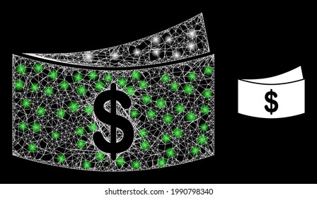 Flare net dollar bills with lightspots. Wire carcass flat mesh generated with crossed white lines and dollar bills icon. White mesh and sparkle carcass mesh dollar bills on a black background.
