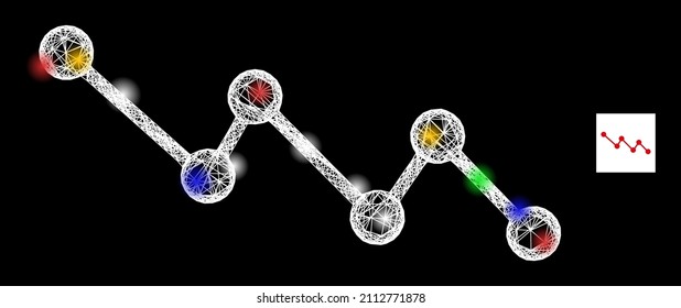 Tendencia de caída de la red de ráfagas con focos luminosos vibrantes. Marco vectorial iluminado creado a partir del pictograma de tendencia descendente. El marco espumoso enrolló la tendencia hacia abajo, sobre un fondo negro.