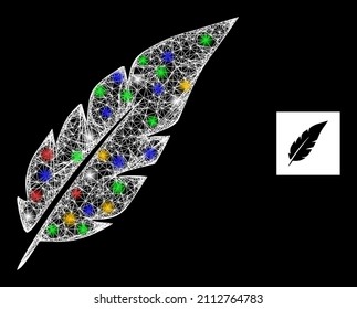 Pluma de red de destello con puntos de luz vibrantes. Marco vectorial iluminado creado a partir del símbolo de pluma. Pluma cableada del marco de la espuma, sobre un fondo negro.