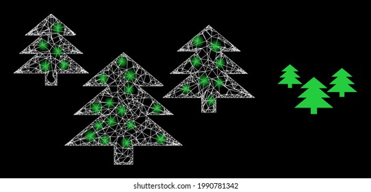 Flare net fir tree forest with lightspots. Linear carcass flat network generated with crossed white lines and fir tree forest icon.