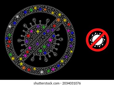 Flare net prohibe el icono de la constelación de virus con puntos de luz. Constelación vectorial iluminada basada en un icono de virus prohibido. Virus proscrito de la canal de espuma en un fondo negro.