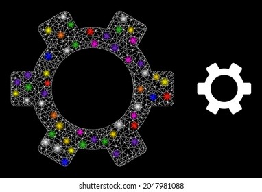 Flare net gear constellation icon with lightspots. Illuminated vector model based on gear icon. Sparkle frame mesh gear on a black background. Wire frame 2D network in vector format.