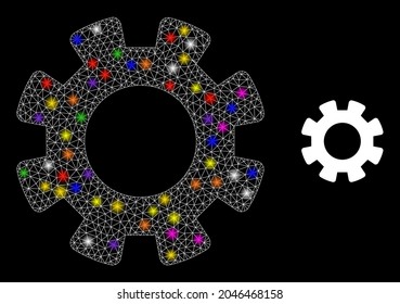 Flare net gearwheel glare icon with lightspots. Illuminated vector constellation based on gearwheel icon. Sparkle carcass mesh gearwheel on a black background. Wire carcass 2D mesh in vector format.