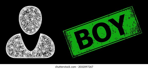 Flare net guy model with bright dots, and green rectangle rubber Boy seal imitation. Illuminated vector frame created from guy icon and crossing white lines.