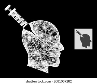 Flare net head injection with light spots on a black background. Illuminated vector model based on head injection pictogram, with intersected net and light spots.