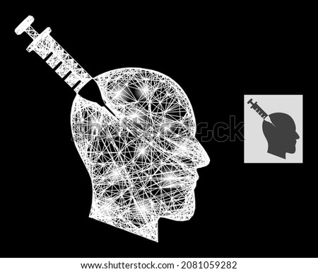 Flare net head injection with light spots on a black background. Illuminated vector model based on head injection pictogram, with intersected net and light spots.