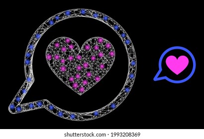 Mensaje de amor de la red con focos de luz. Malla plana de canal de cables generada a partir de cruzar líneas blancas e icono del mensaje de amor. Malla blanca y carcasas espumosas mensaje de amor en un fondo negro.