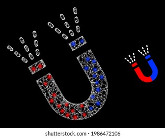 Flare net magnet force with glowing spots. Wire carcass 2D mesh generated with crossed white lines and magnet force icon. White mesh and sparkle frame mesh magnet force on a black background.