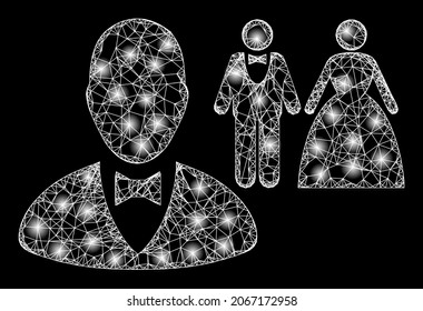 Flare net marriage officiant with lightspots. Vector frame created from marriage officiant icon, and with intersected lines. Flare frame polygonal marriage officiant on a black background.