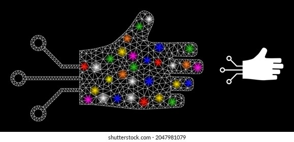 Flare net mechanical hand constellation icon with light spots. Illuminated vector model is created from mechanical hand icon. Sparkle frame mesh mechanical hand on a black background.
