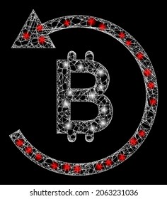 Flaches Netztuch-Bitcoin-Chargeback mit Leuchtpunkten. Vektorkadaver auf der Grundlage von Bitcoin Chargeback Symbol und mit Kreuzungslinien. Flaches Carcass Mesh bitcoin Chargeback auf schwarzem Hintergrund.