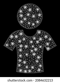 Fare net-Mesh-Boy-Symbol mit leuchtenden Flecken auf schwarzem Hintergrund. Lichtvektorkonstellation auf der Grundlage eines Jungensymboles, mit dreieckiger Masche und zufälligen Lichtpunkten.