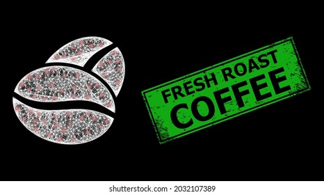 Flare net mesh coffee bean model with lightspots, and green rectangular unclean Fresh Roast Coffee seal print. Illuminated vector carcass created from coffee bean icon and crossed white lines.