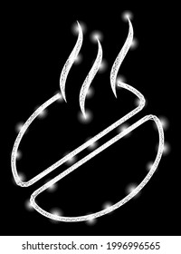 Flare net mesh coffee smell model with glowing spots. Constellation vector model created from coffee smell symbol and crossed white lines. Sparkle constellation mesh coffee smell,