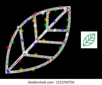 Flare net mesh contour leaf with multi colored light spots. Illuminated vector framework created from contour leaf icon. Sparkle carcass mesh contour leaf, on a black backgound.