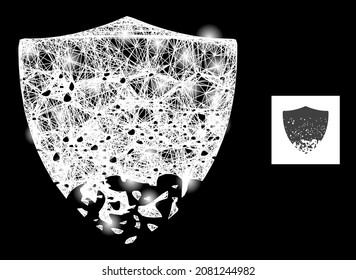 Flare net mesh damaged shield with lightspots on a black background. Light vector mesh is created from damaged shield icon, with irregular mesh and light dots.