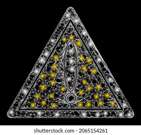 Flare net mesh danger triangle with lightspots. Vector frame created from danger triangle icon, and with crossing lines. Flare frame mesh danger triangle on a black background.