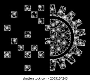 Flare net mesh digital gearwheel generation with glowing spots. Vector frame based on digital gearwheel generation icon, and with crossing lines.