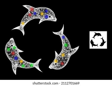 Flare net mesh dolphin trio with colored light spots. Illuminated vector carcass created from dolphin trio icon. Sparkle carcass mesh dolphin trio, on a black backgound.